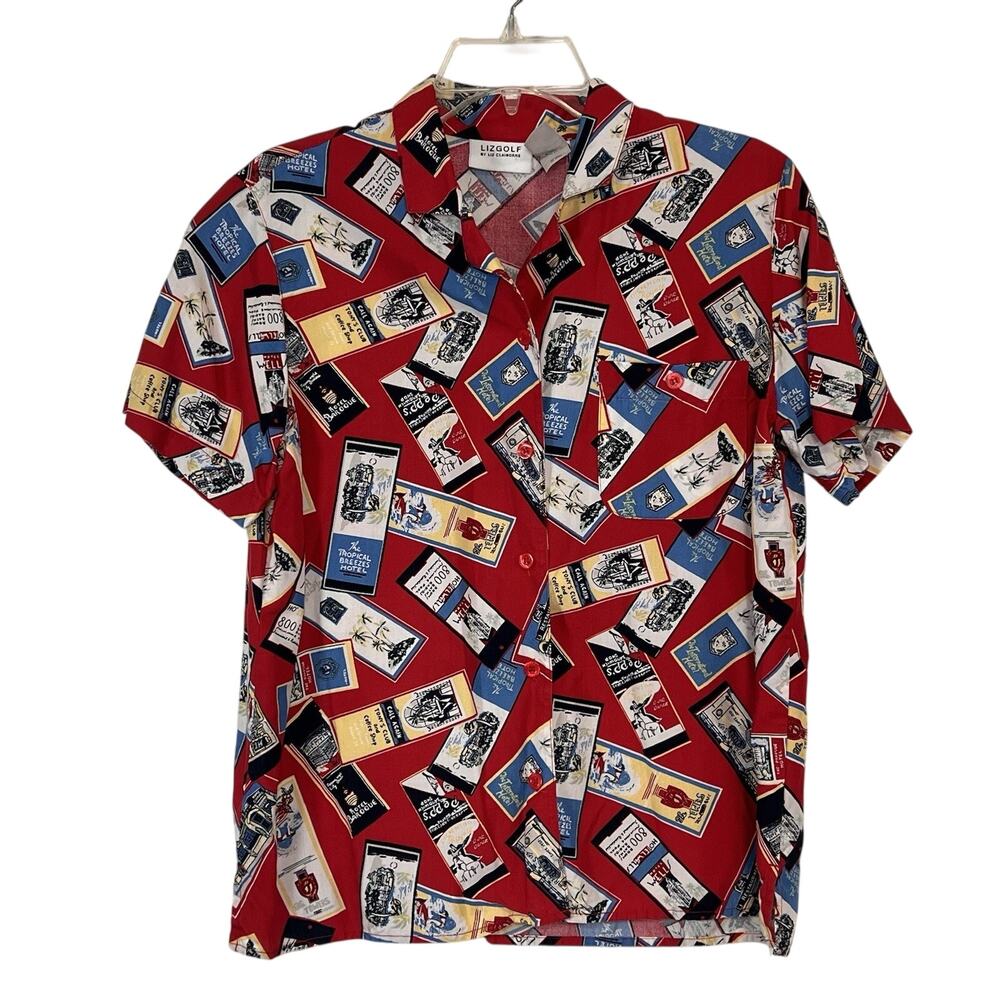 Liz Golf Shirt Women's Size M Red Travel Print Button Short Sleeve Vintage 90s